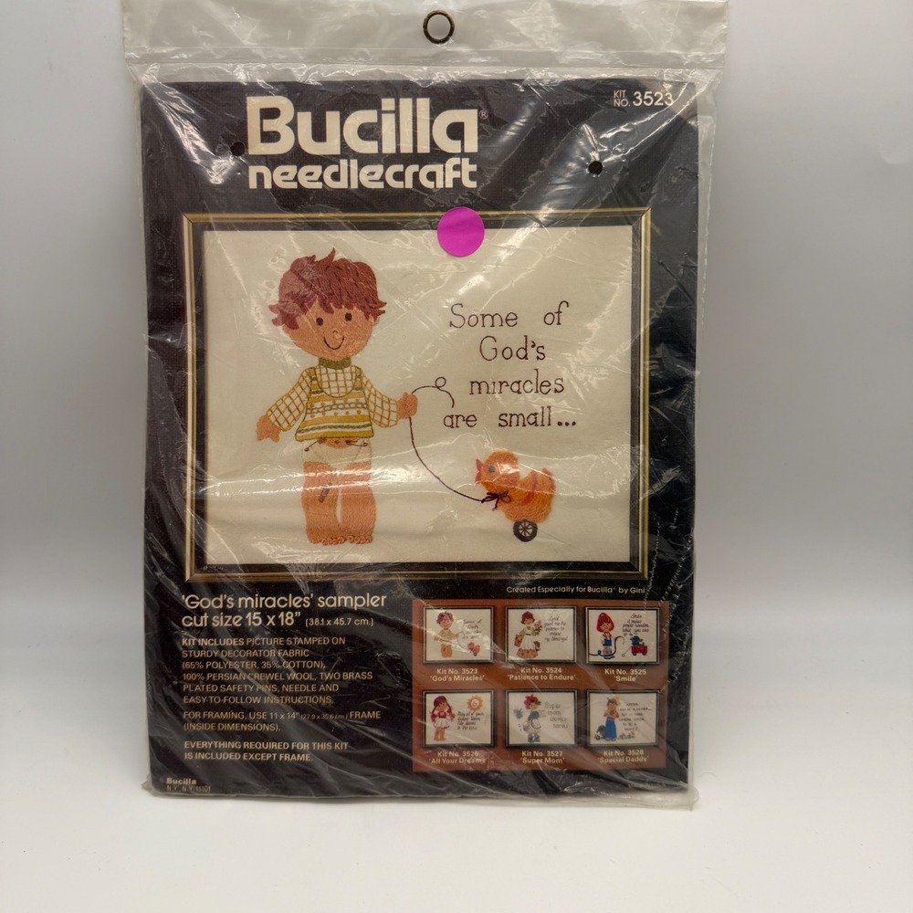 Vtg Bucilla God's Miracles Sampler Crewel Embroidery Kit 3523 Nursery Boy 15x18